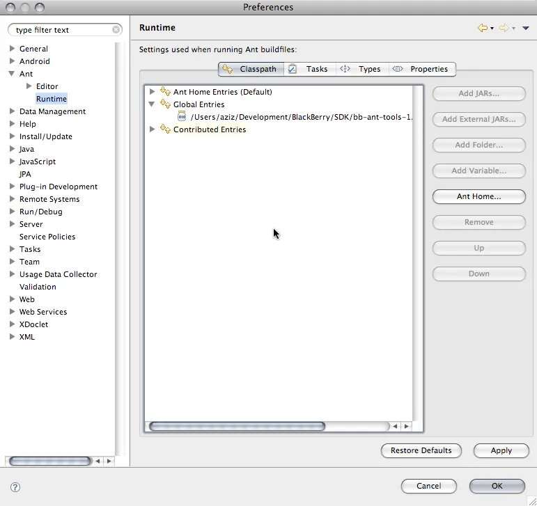 Eclipse Ant Runtime preferences showing bb-ant-tools.jar added as external JAR