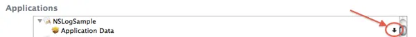 Xcode Organizer window showing the Application Data download arrow for retrieving files from a connected iPhone