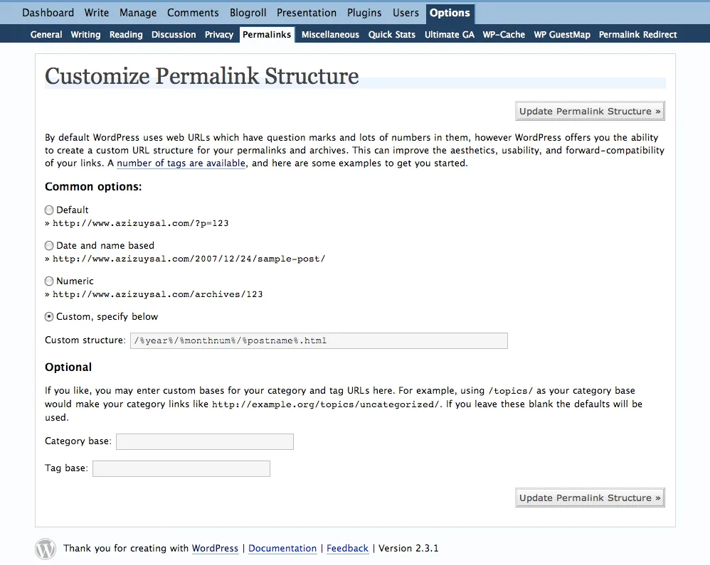 WordPress permalink settings page