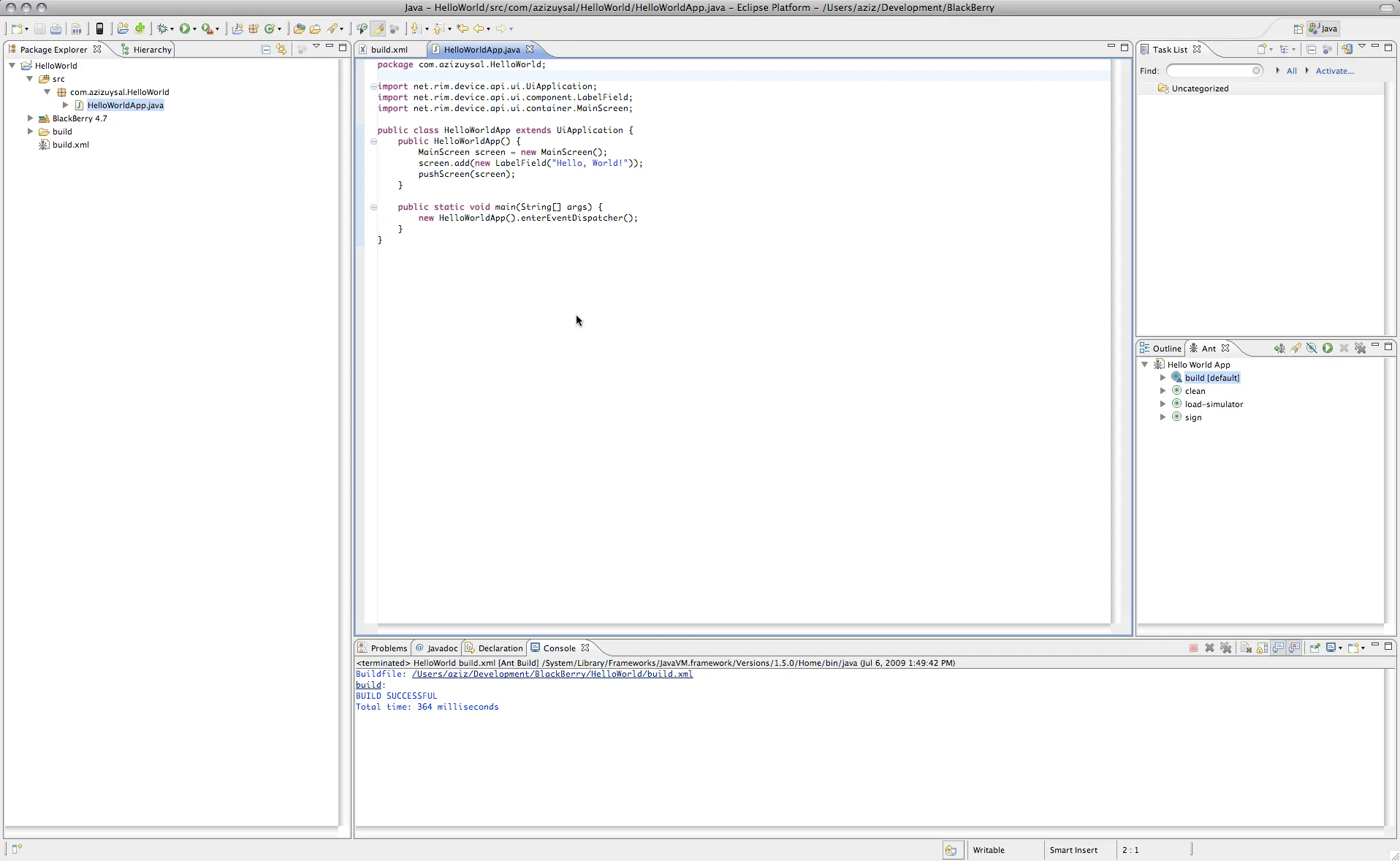 Eclipse Console showing BUILD SUCCESSFUL message after running the ant build script