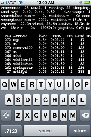 Terminal.app running the top command on a jailbroken iPhone over SSH