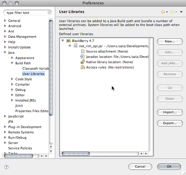Eclipse User Libraries preferences dialog showing BlackBerry 4.7 library with net_rim_api.jar